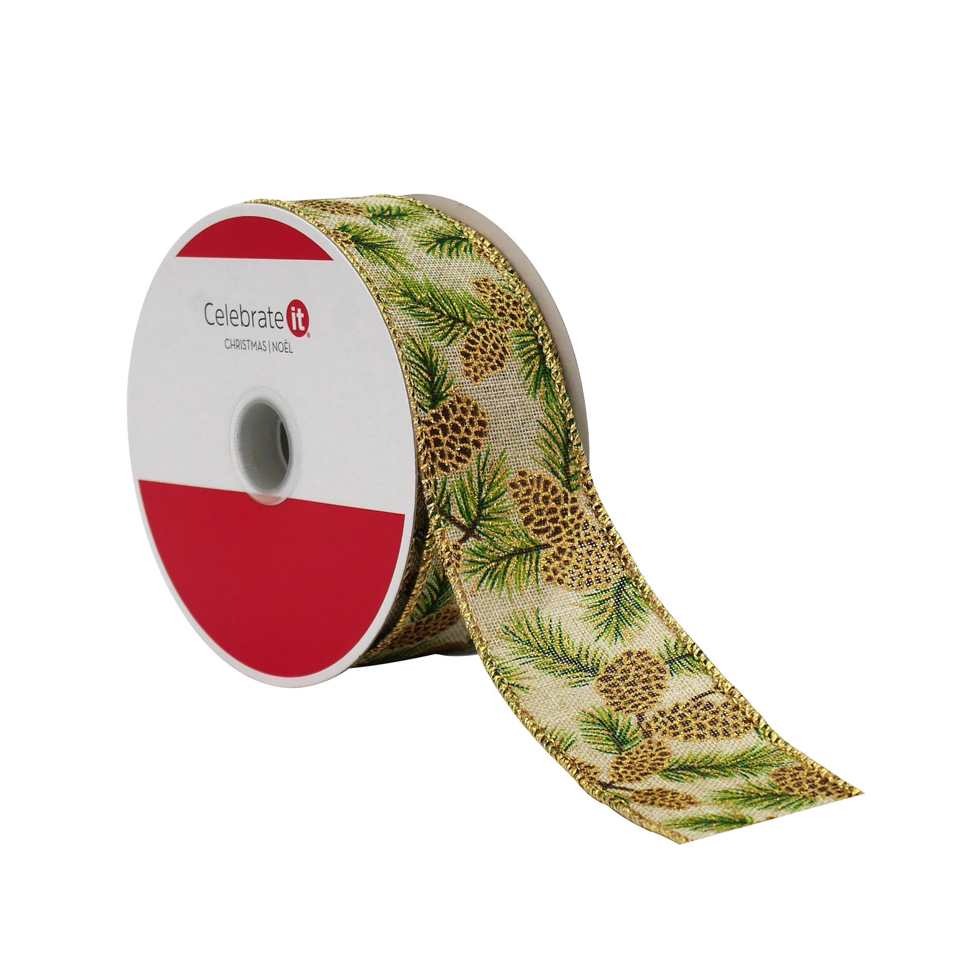 slide 3 of 3, 1.5" X 30ft. Pinecone Faux Linen Wired Ribbon By Celebrate It, 1.5 in x 30 ft