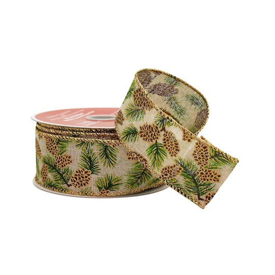 slide 1 of 3, 1.5" X 30ft. Pinecone Faux Linen Wired Ribbon By Celebrate It, 1.5 in x 30 ft