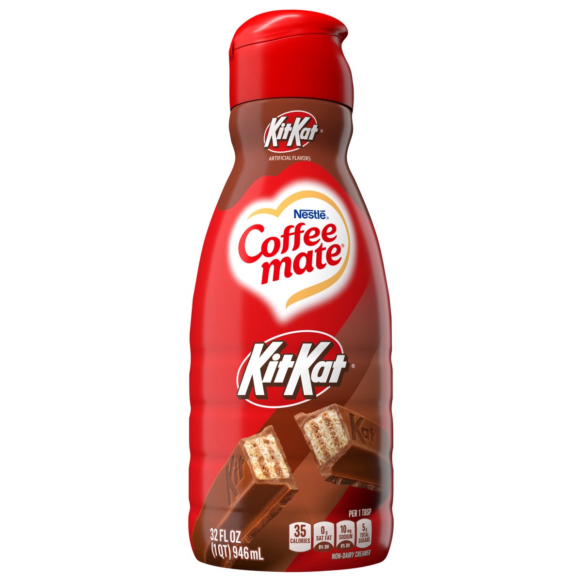 slide 1 of 10, Coffee mate Kit Kat Flavored Creamer, Non-Dairy, Gluten-Free, Chocolate Coffee Creamer, 63 Servings, 32 fl oz