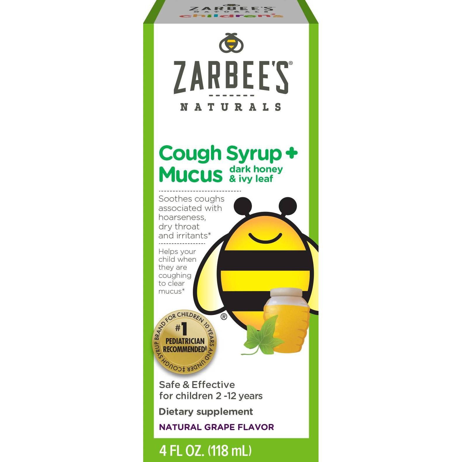 slide 1 of 1, Zarbee's Naturals Children's Dark Honey & Ivy Leaf Cough Syrup + Mucus, 4 fl oz