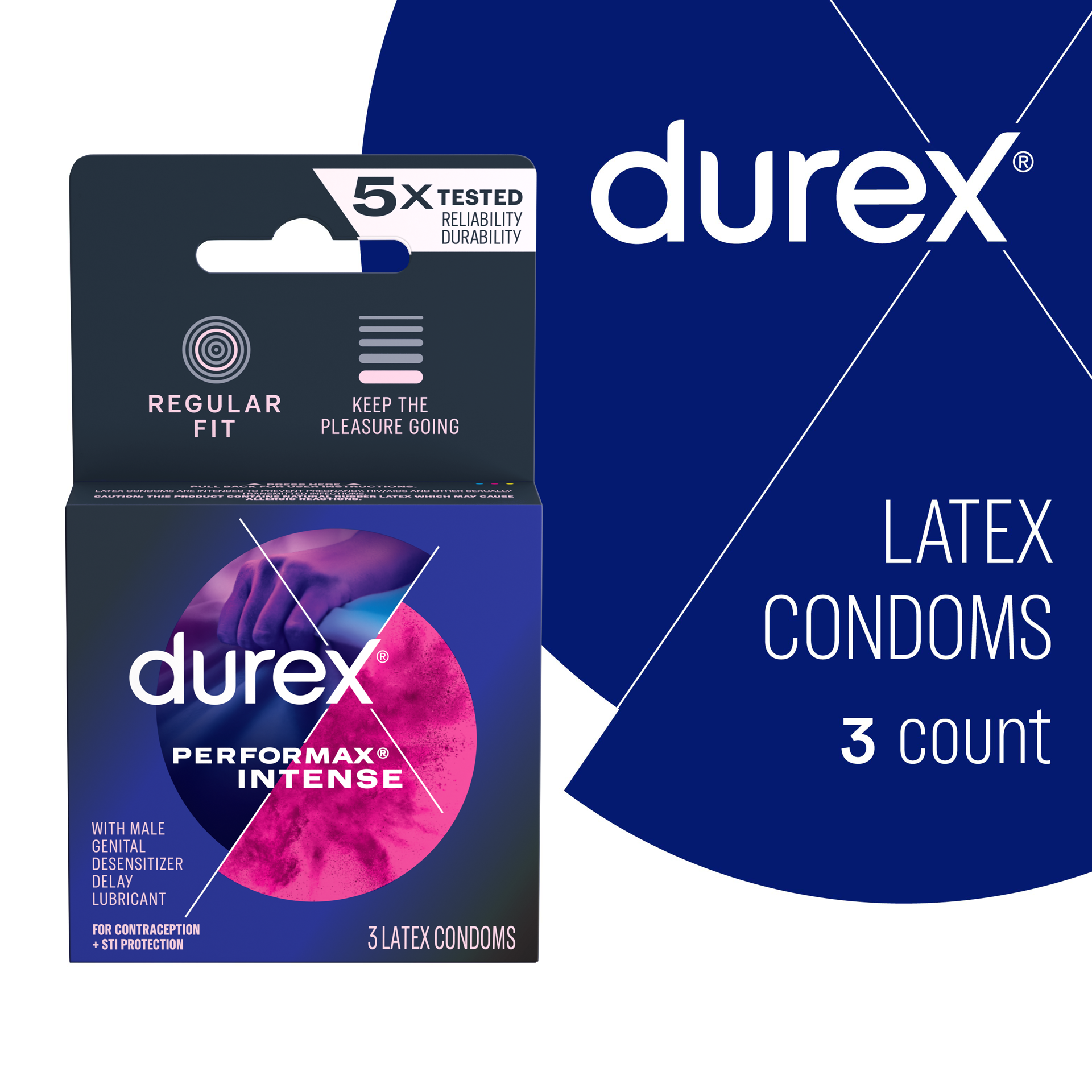 slide 1 of 4, Durex Performax Intense Lubricated Ribbed Dotted Premium Condoms, 3 Count, 3 oz