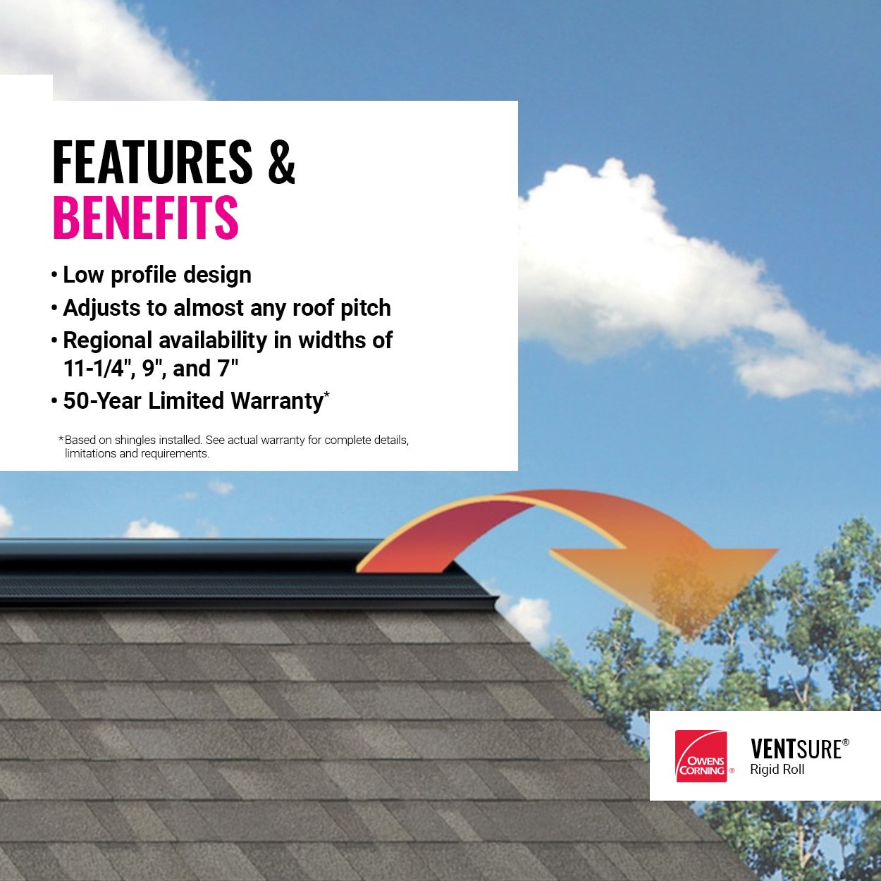 slide 5 of 6, Owens Corning VentSure 7.0-in x 240.0-in Black Plastic Roll Roof Ridge Vent, 1 ct