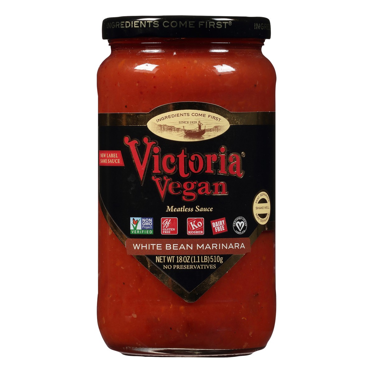 slide 7 of 11, Victoria Vegan White Bean Marinara Meatless Sauce 18 oz. Jar, 18 oz