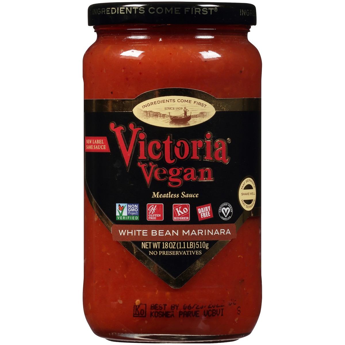 slide 10 of 11, Victoria Vegan White Bean Marinara Meatless Sauce 18 oz. Jar, 18 oz