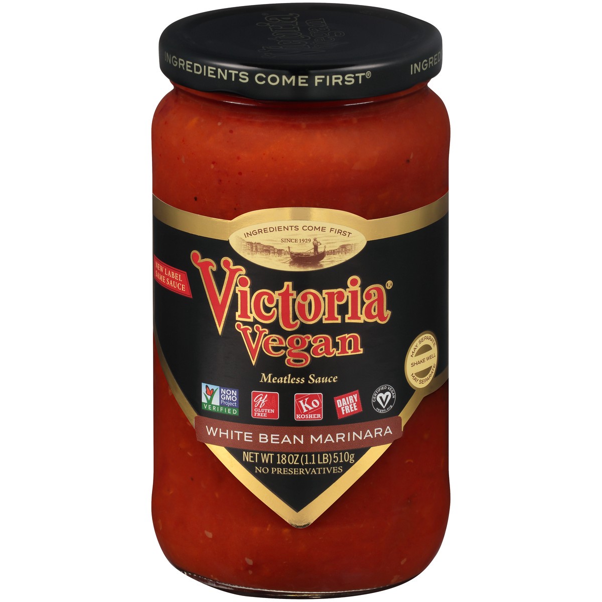 slide 1 of 11, Victoria Vegan White Bean Marinara Meatless Sauce 18 oz. Jar, 18 oz