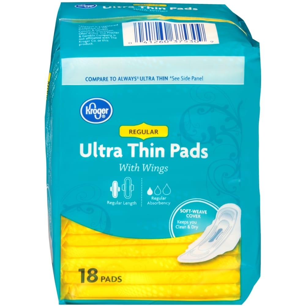 slide 1 of 1, Kroger Ultra Thin With Wings Regular Pads, 18 ct