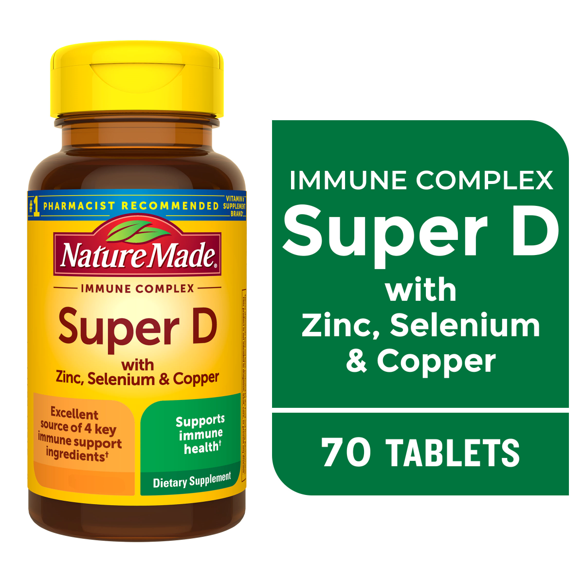 slide 1 of 29, Nature Made Super Vitamin D Immune Complex, Vitamin D3, Selenium, Copper and Zinc Supplements for Immune Support, 70 Tablets, 70 Day Supply, 70 ct