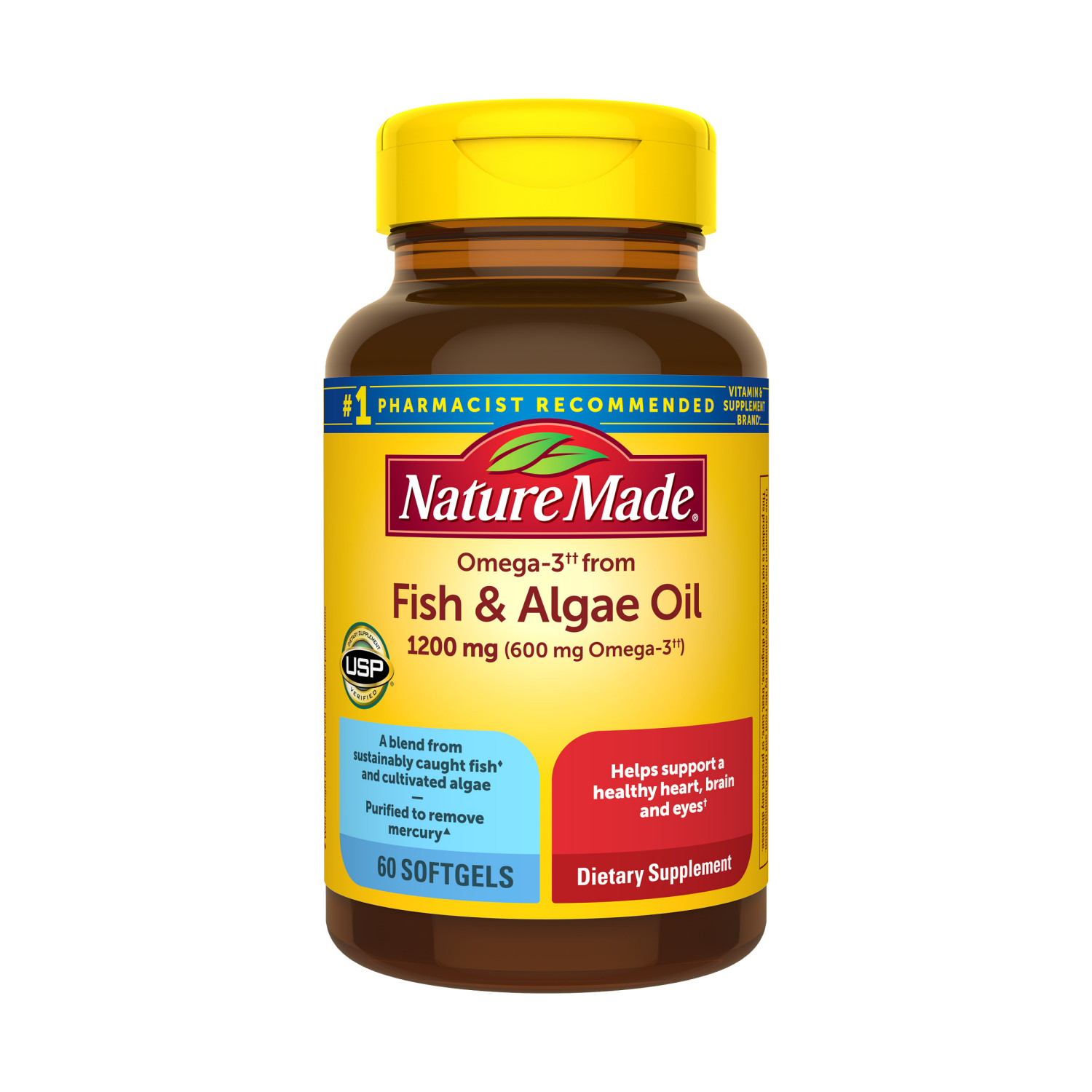 slide 5 of 5, Nature Made Omega-3 Fish Oil & Algae Oil 1200 mg Softgels, 60 Count, 60 ct