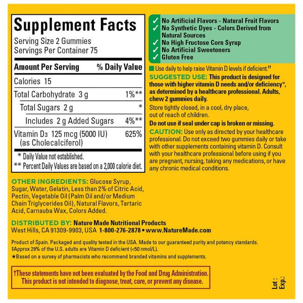 slide 18 of 29, Nature Made Extra Strength Vitamin D3 5000 IU (125 mcg) per serving, Dietary Supplement for Bone, Teeth, Muscle and Immune Health Support, 150 Gummies, 75 Day Supply, 150 ct