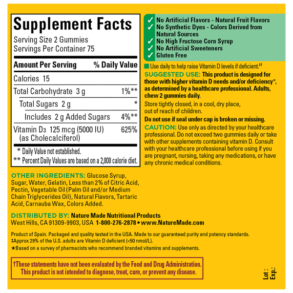 slide 12 of 29, Nature Made Extra Strength Vitamin D3 5000 IU (125 mcg) per serving, Dietary Supplement for Bone, Teeth, Muscle and Immune Health Support, 150 Gummies, 75 Day Supply, 150 ct