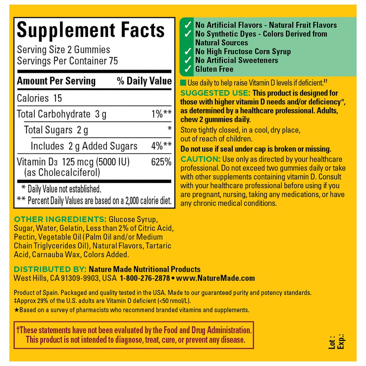 slide 19 of 29, Nature Made Extra Strength Vitamin D3 5000 IU (125 mcg) per serving, Dietary Supplement for Bone, Teeth, Muscle and Immune Health Support, 150 Gummies, 75 Day Supply, 150 ct