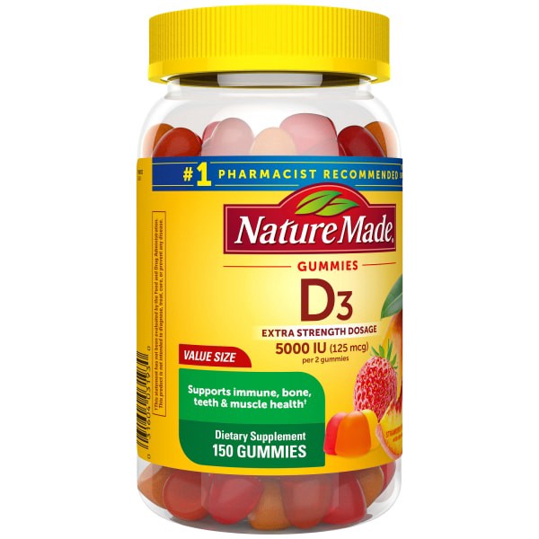 slide 11 of 29, Nature Made Extra Strength Vitamin D3 5000 IU (125 mcg) per serving, Dietary Supplement for Bone, Teeth, Muscle and Immune Health Support, 150 Gummies, 75 Day Supply, 150 ct