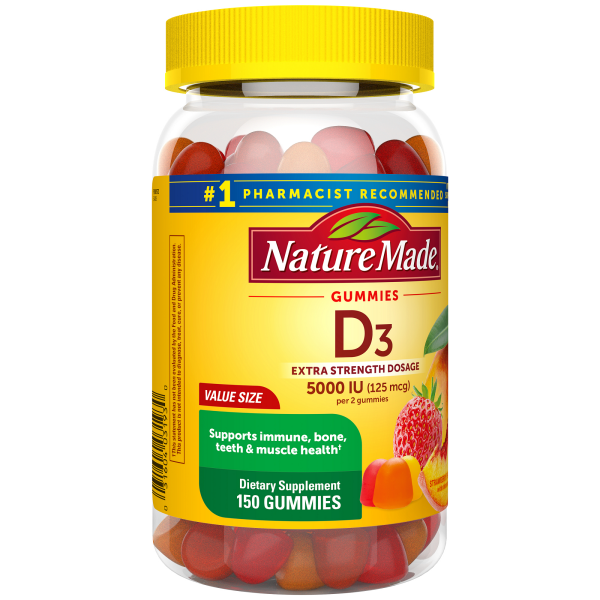 slide 29 of 29, Nature Made Extra Strength Vitamin D3 5000 IU (125 mcg) per serving, Dietary Supplement for Bone, Teeth, Muscle and Immune Health Support, 150 Gummies, 75 Day Supply, 150 ct