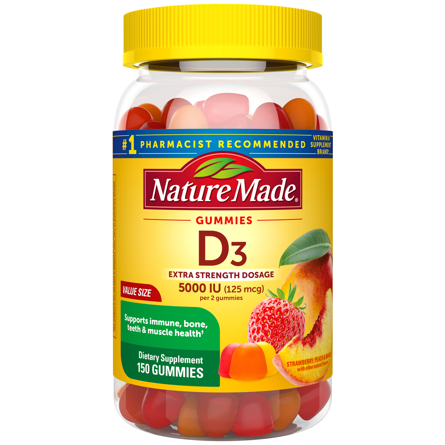 slide 5 of 5, Nature Made Extra Strength Vitamin D3 5000 IU (125 mcg) per serving Gummies, 150 Count, 150 ct