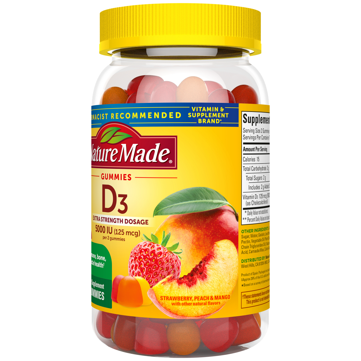 slide 21 of 29, Nature Made Extra Strength Vitamin D3 5000 IU (125 mcg) per serving, Dietary Supplement for Bone, Teeth, Muscle and Immune Health Support, 150 Gummies, 75 Day Supply, 150 ct