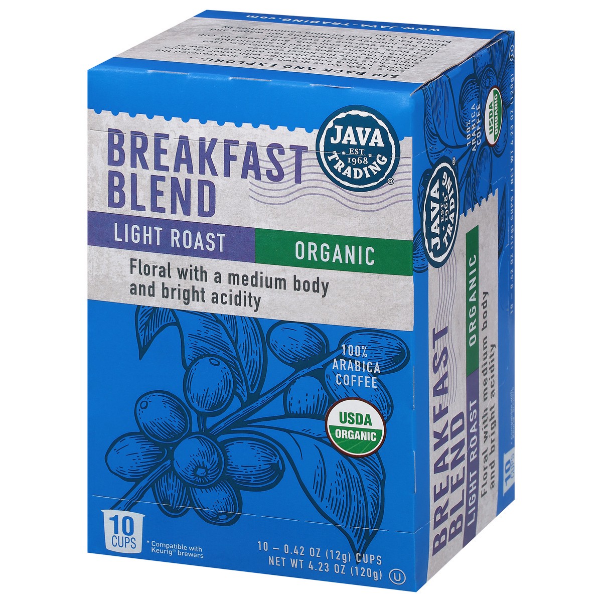 slide 4 of 14, Java Trading Cups Light Roast 100% Arabica Organic Breakfast Blend Coffee 10 - 0.42 oz Cups, 10 ct