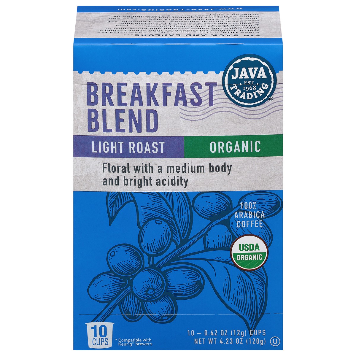 slide 1 of 14, Java Trading Cups Light Roast 100% Arabica Organic Breakfast Blend Coffee 10 - 0.42 oz Cups, 10 ct