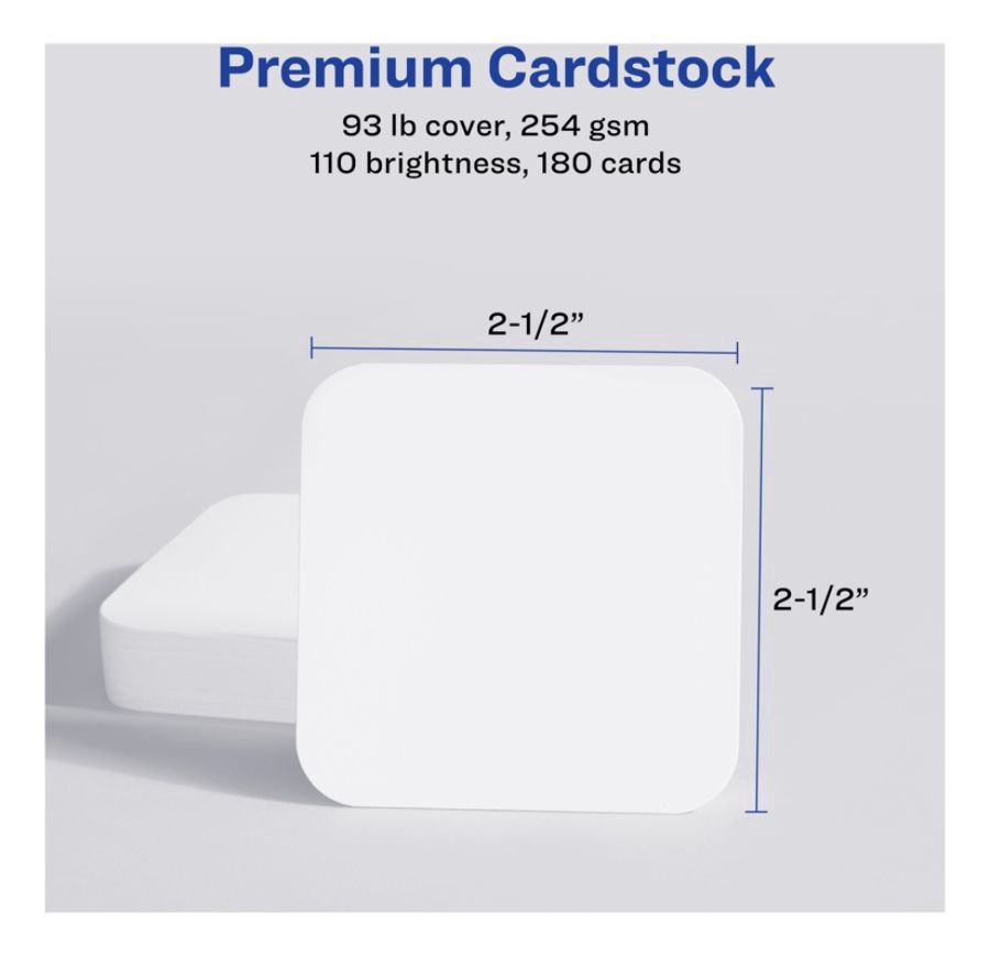 slide 4 of 6, Avery Laser Square Cards With Rounded Edges, 2 1/2" X 2 1/2", White, Pack Of 180, 180 ct