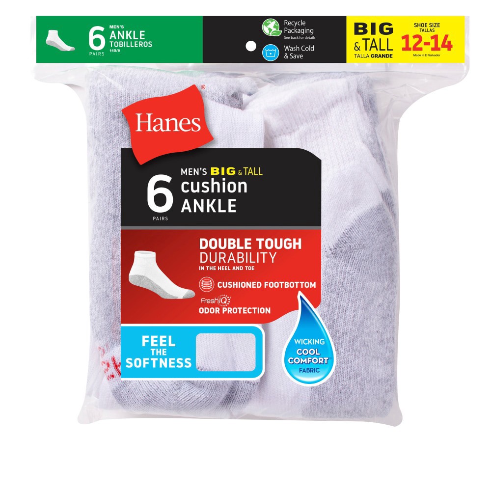 slide 1 of 1, Hanes Men's Big And Tall Ankle Socks - White, 6 ct