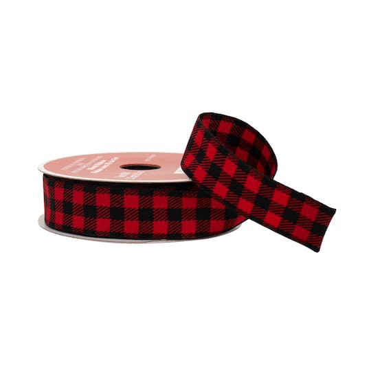 slide 1 of 3, 7/8" X 30ft. Red & Black Buffalo Check Wired Ribbon By Celebrate It, 7/8 in x 30 ft