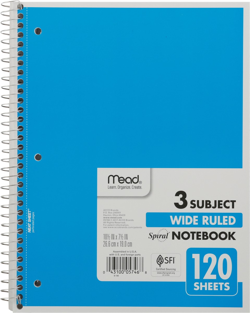 slide 9 of 9, Mead 3 Subject Wide Ruled Spiral Notebook Packed, Unspecified 120 ea, 120 ct