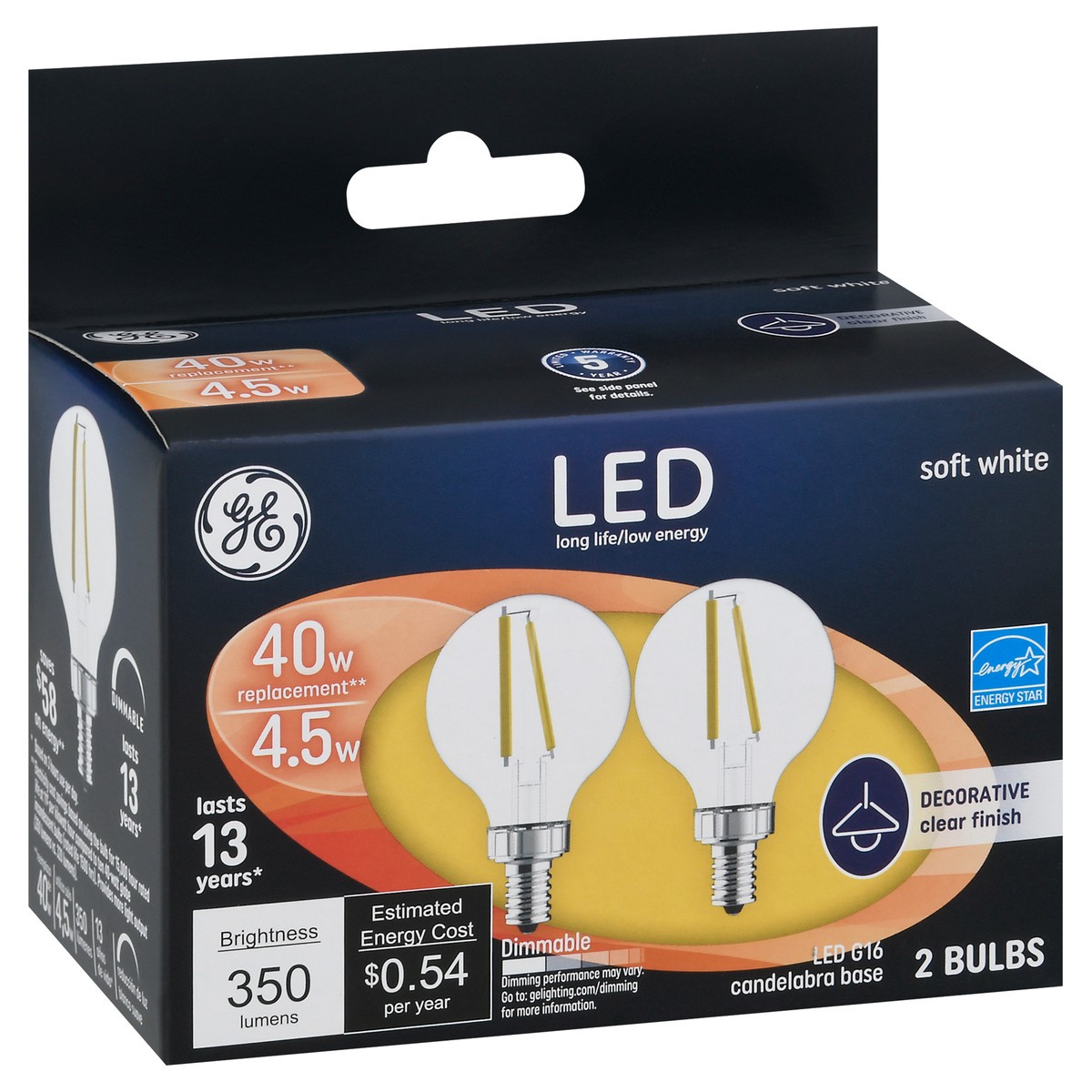 slide 10 of 12, GE 4.5 Watts Soft White Decorative LED Light Bulbs 2 Pack, 2 ct