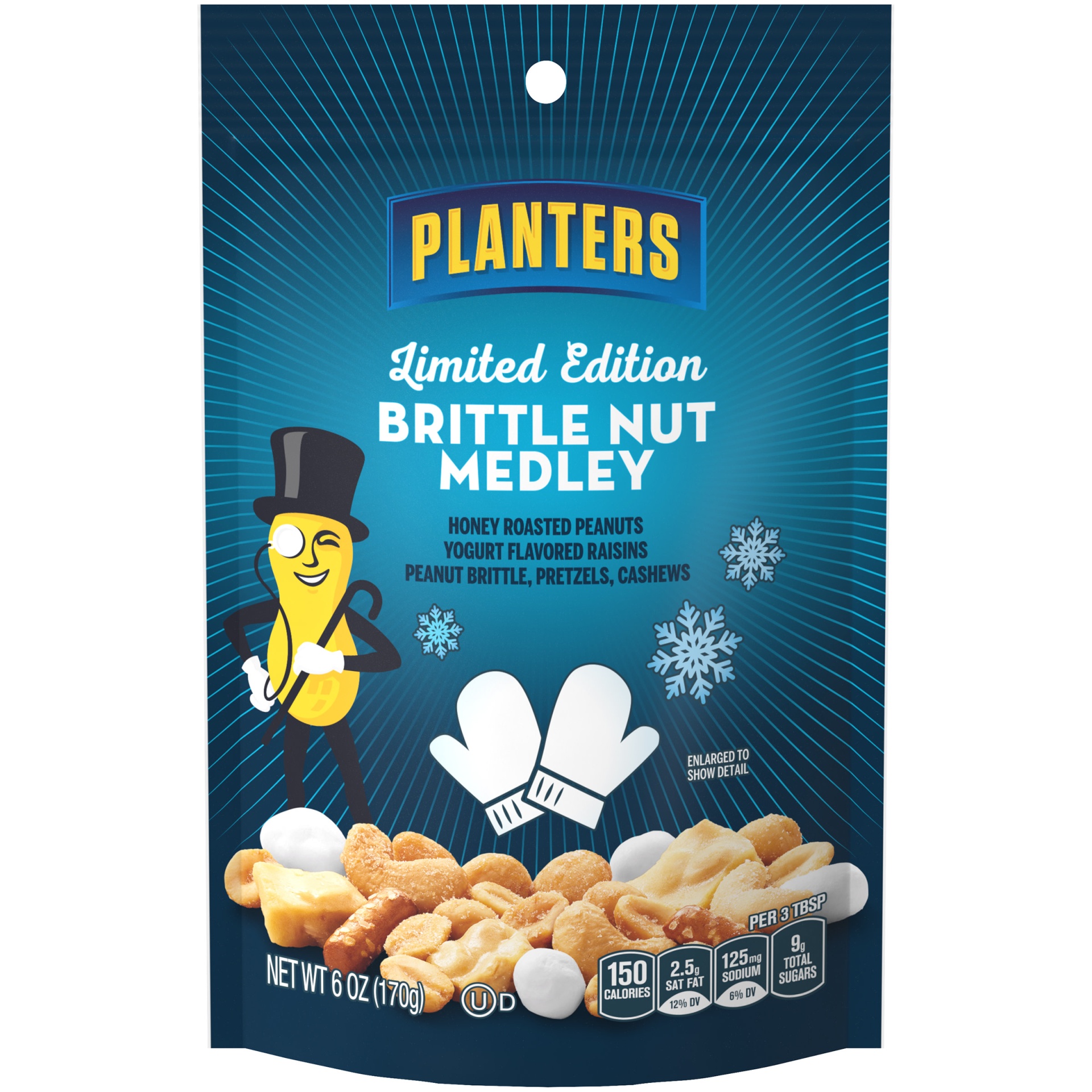 slide 1 of 6, Planters Limited Edition Brittle Nut Medley Trail Mix Snack with Honey Peanuts, Yogurt Raisins, Peanut Brittle, Pretzels & Cashews, 6 oz