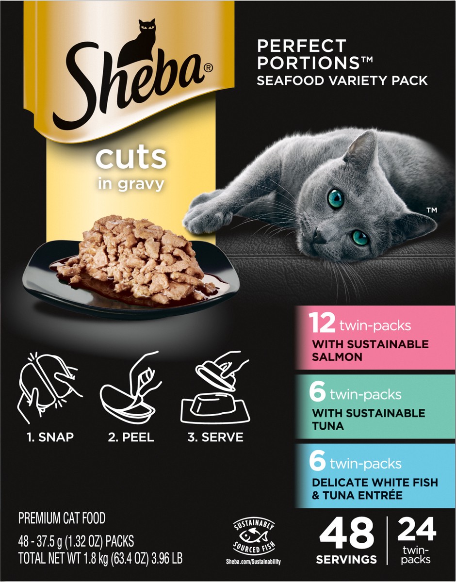 slide 12 of 14, Sheba Perfect Portions Cuts in Gravy Assorted Cat Food Seafood Variety Pack 48 - 37.5 g Packs, 48 ct