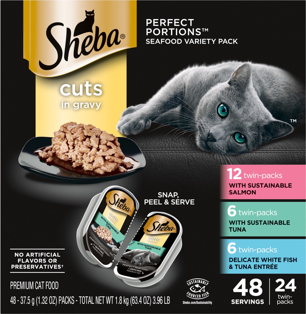 slide 3 of 14, Sheba Perfect Portions Cuts in Gravy Assorted Cat Food Seafood Variety Pack 48 - 37.5 g Packs, 48 ct