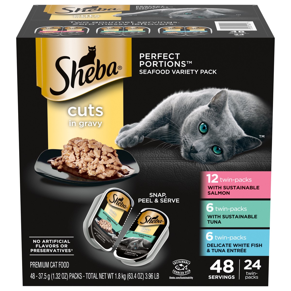 slide 1 of 14, Sheba Perfect Portions Cuts in Gravy Assorted Cat Food Seafood Variety Pack 48 - 37.5 g Packs, 48 ct