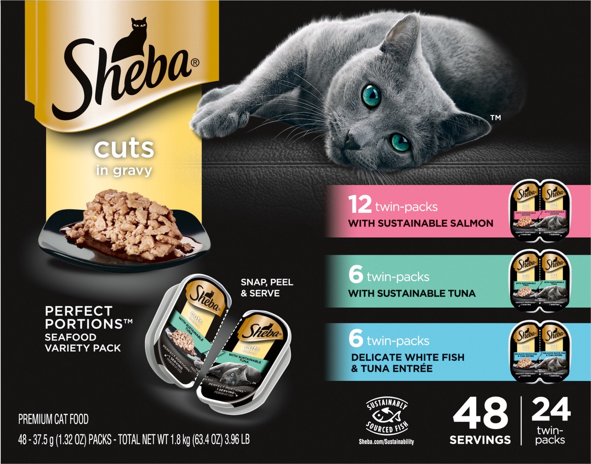 slide 10 of 14, Sheba Perfect Portions Cuts in Gravy Assorted Cat Food Seafood Variety Pack 48 - 37.5 g Packs, 48 ct