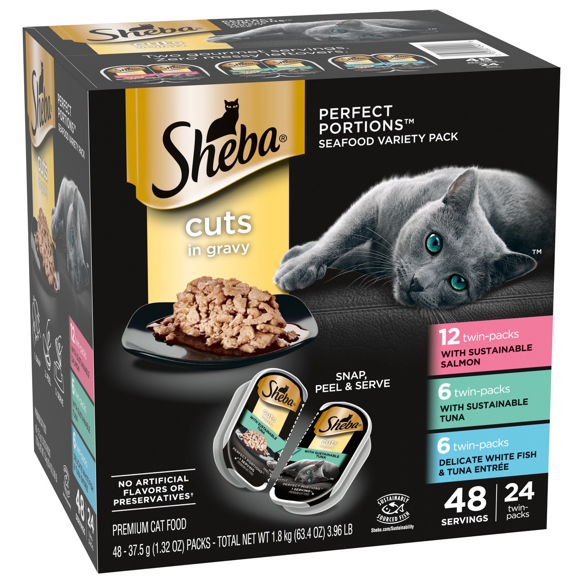 slide 4 of 14, Sheba Perfect Portions Cuts in Gravy Assorted Cat Food Seafood Variety Pack 48 - 37.5 g Packs, 48 ct