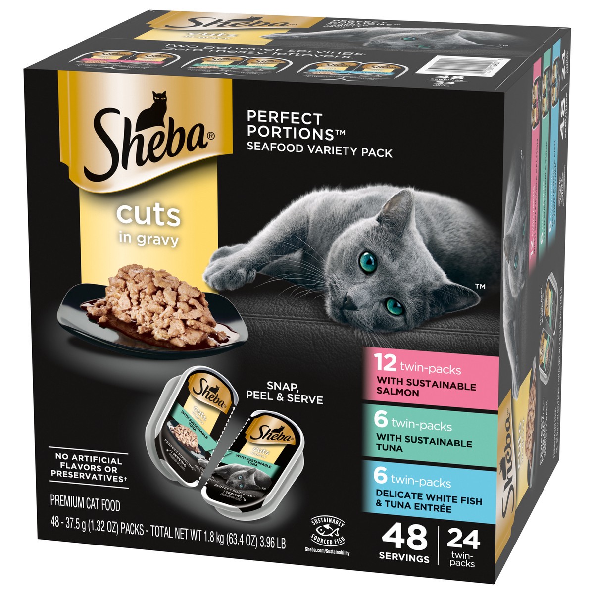 slide 8 of 14, Sheba Perfect Portions Cuts in Gravy Assorted Cat Food Seafood Variety Pack 48 - 37.5 g Packs, 48 ct