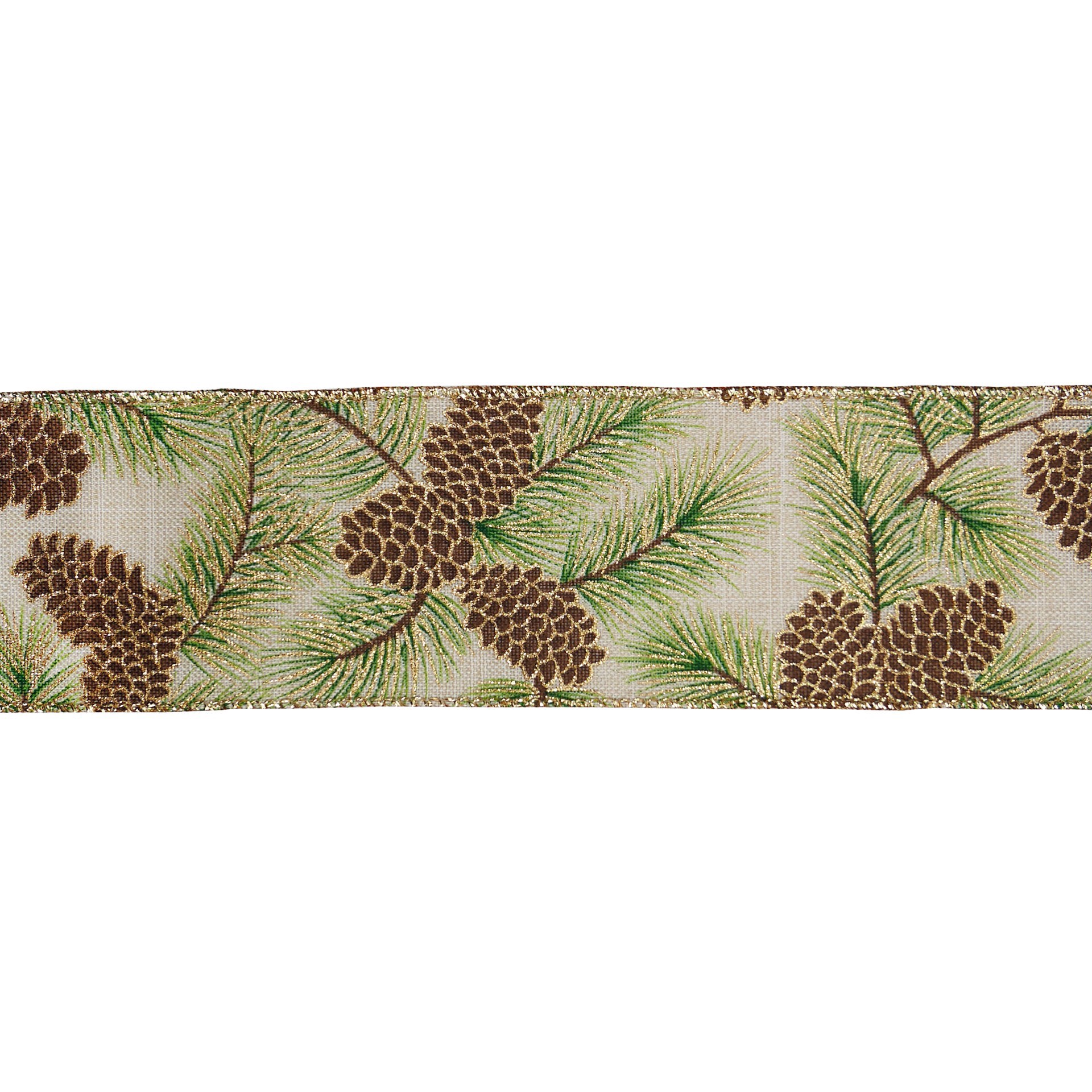 slide 3 of 3, 2.5" X 20ft. Pinecone Faux Linen Wired Ribbon By Celebrate It, 2.5 in x 20 ft