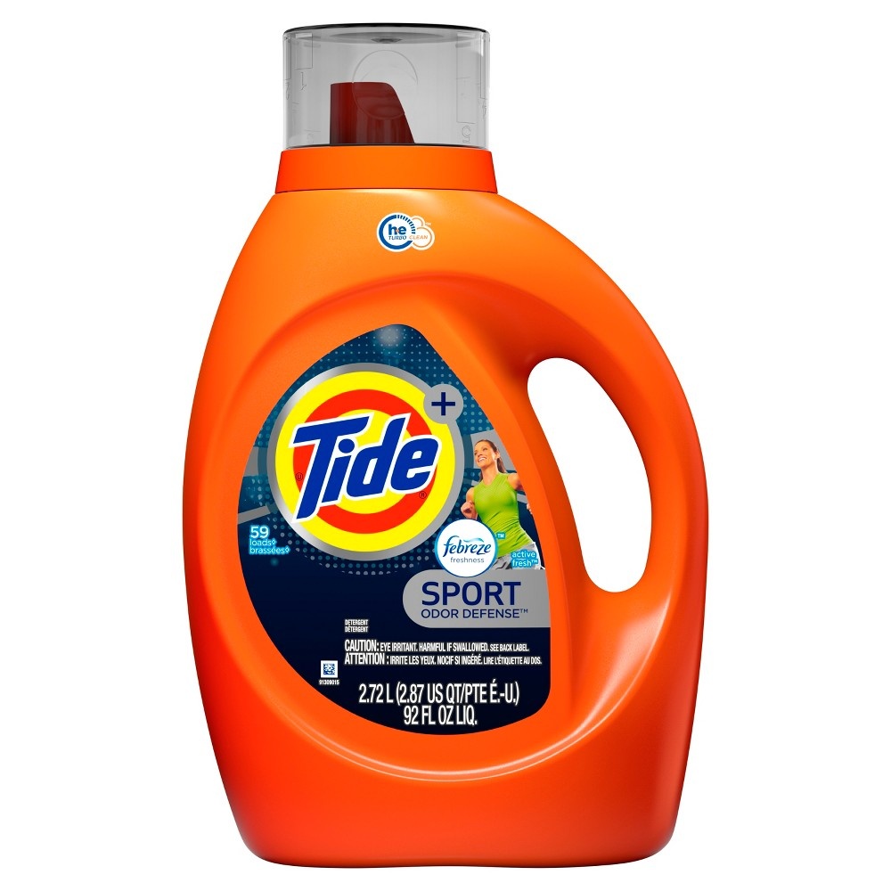 slide 5 of 6, Tide Plus Febreze Sport Odor Defense HE Turbo Clean Liquid Laundry Detergent, 92 fl oz, 59 loads, 2.87 qt