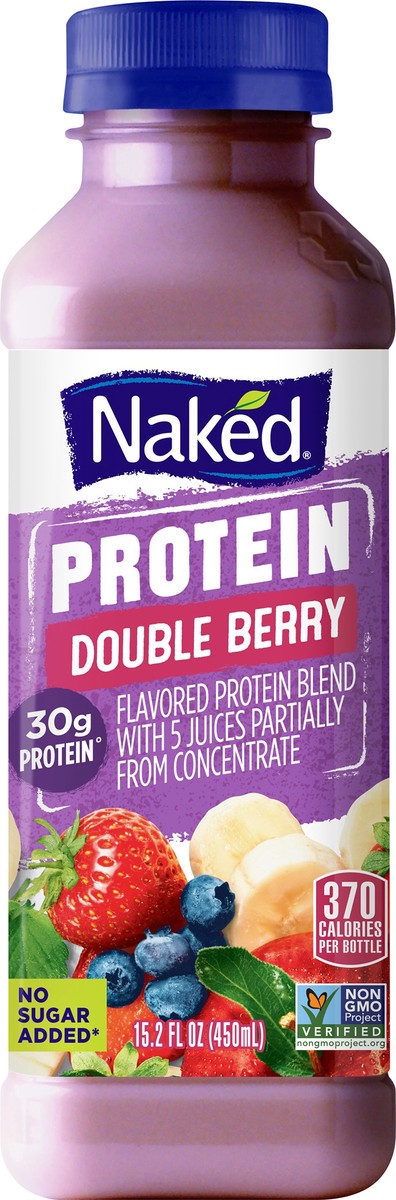 slide 4 of 7, Naked No Sugar Added, Non GMO Protein Double Berry Fruit Juice, 15.2 Fl Oz, Bottle, 15.20 fl oz