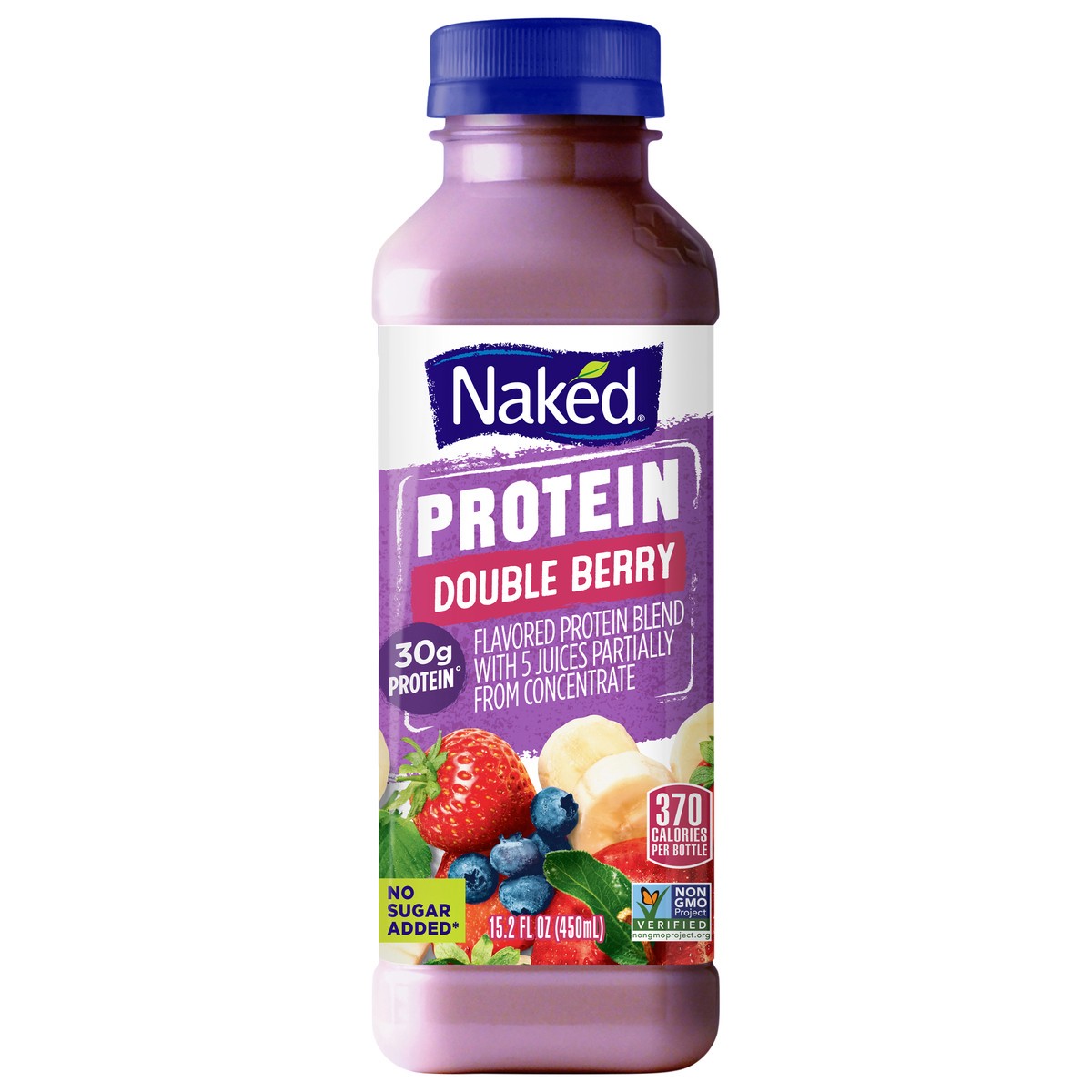 slide 1 of 7, Naked No Sugar Added, Non GMO Protein Double Berry Fruit Juice, 15.2 Fl Oz Bottle, 15.20 fl oz
