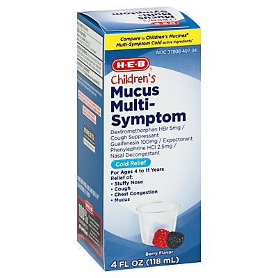 slide 1 of 1, H-E-B Children's Mucus Multi- Symptom Cold Relief Berry Flavor, 4 oz