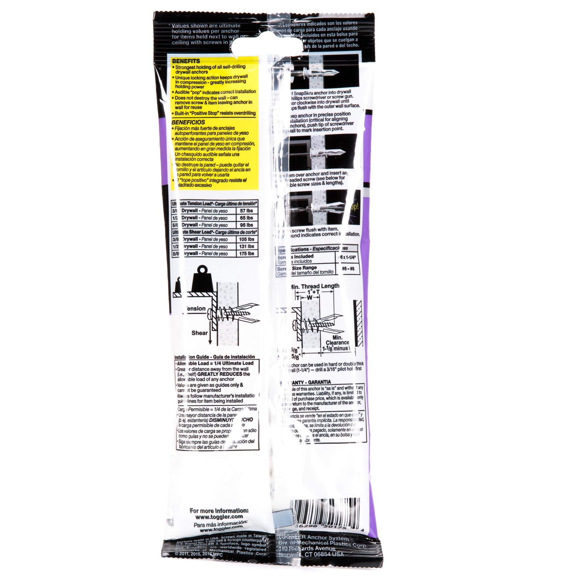 slide 2 of 6, TOGGLER SnapSkru 95-lb 1/4-in x 1-1/4-in Push-In Anchors with Screws Included 25-Pack, 1 ct