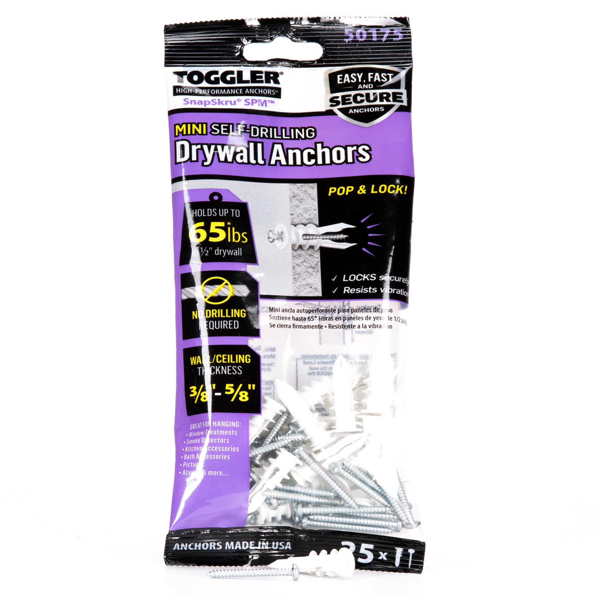 slide 3 of 6, TOGGLER SnapSkru 95-lb 1/4-in x 1-1/4-in Push-In Anchors with Screws Included 25-Pack, 1 ct