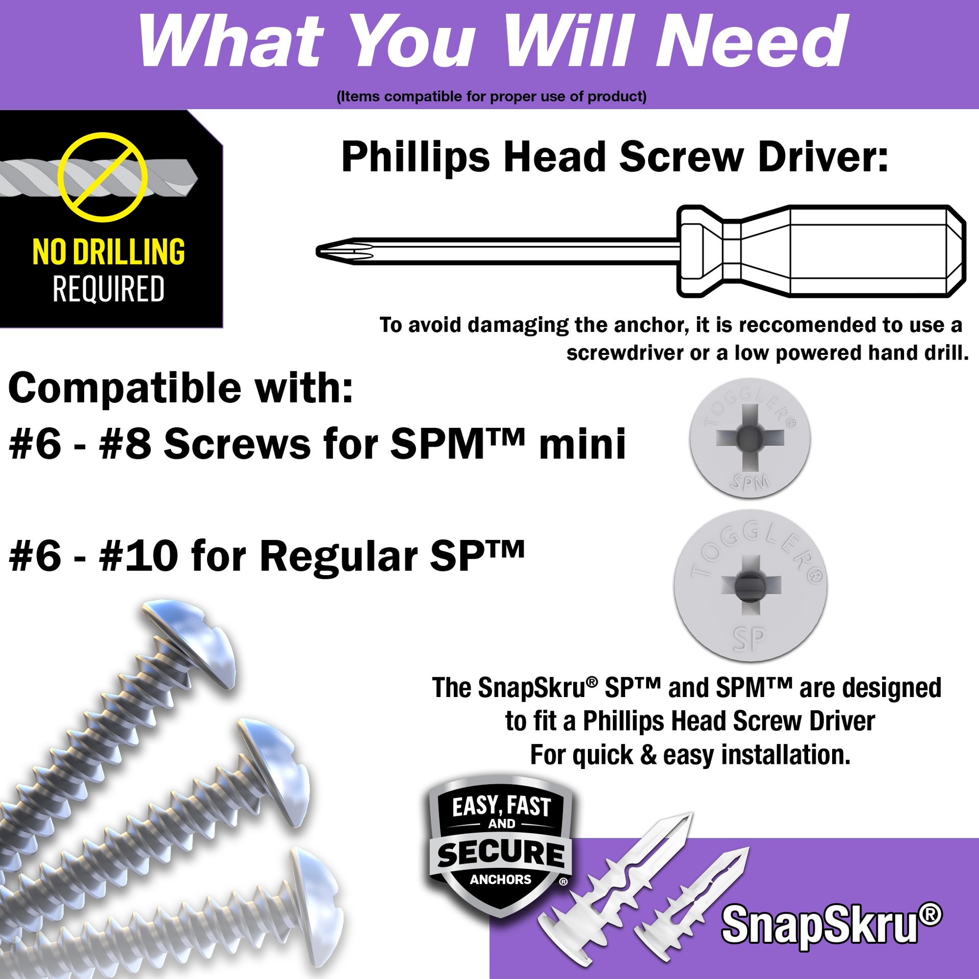 slide 5 of 6, TOGGLER SnapSkru 95-lb 1/4-in x 1-1/4-in Push-In Anchors with Screws Included 25-Pack, 1 ct
