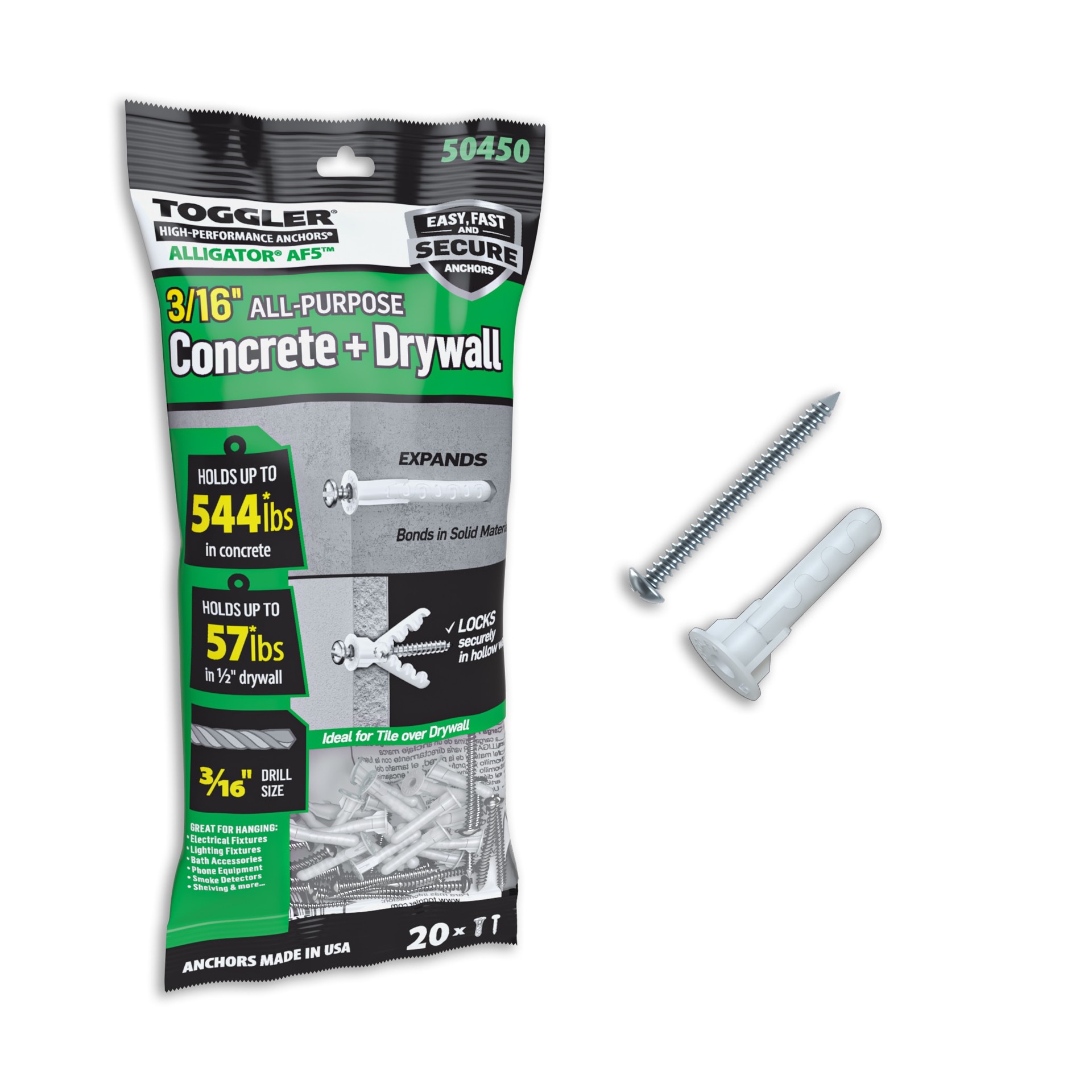 slide 1 of 6, TOGGLER 544-lb 3/16-in x 1-in Multi-Purpose Anchors with Screws Included 20 -Pack, 1 ct