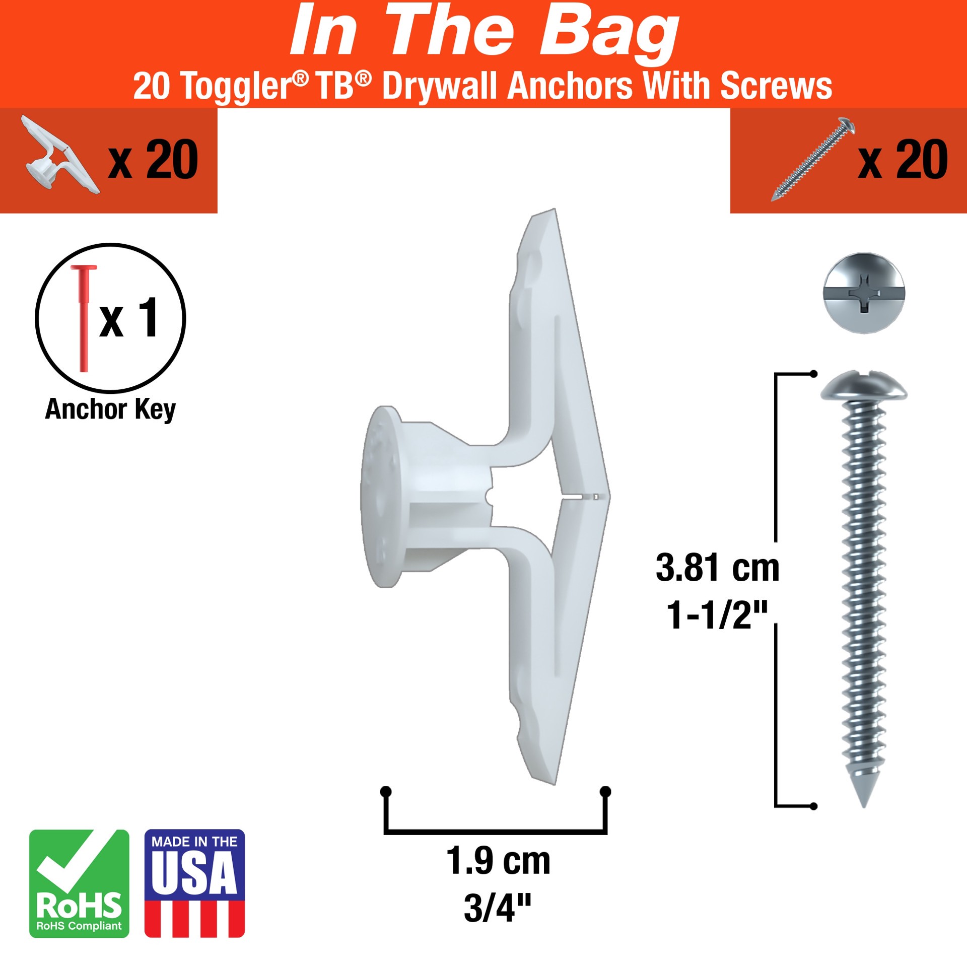 slide 3 of 6, TOGGLER 167-lb 5/16-in x Assorted length Toggle bolt with Screws Included 20-Pack, 1 ct