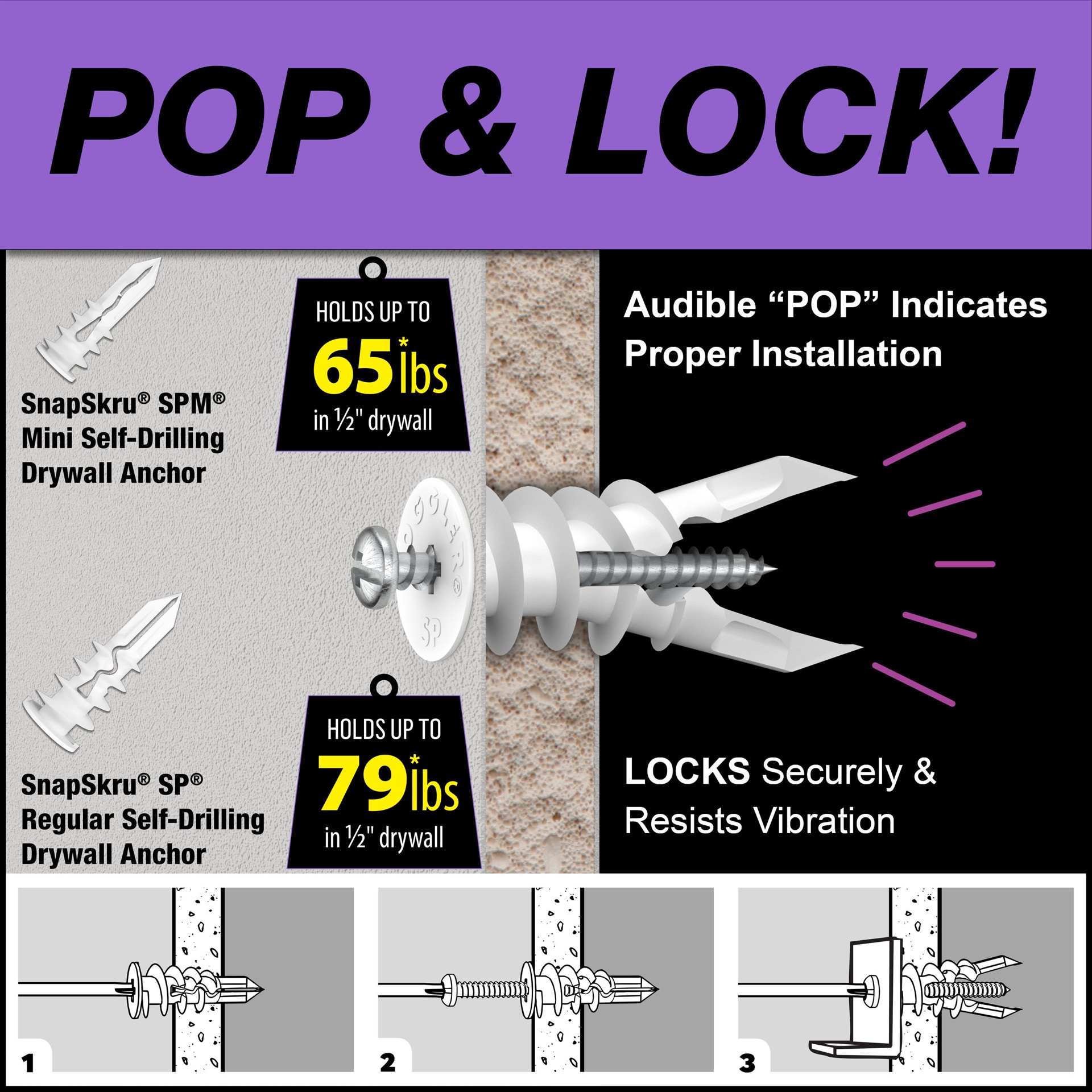 slide 3 of 6, TOGGLER SnapSkru 178.0-lb Assorted diameter x Assorted length Self-Drilling Anchors with Screws Included 50.0 -Pack, 1 ct