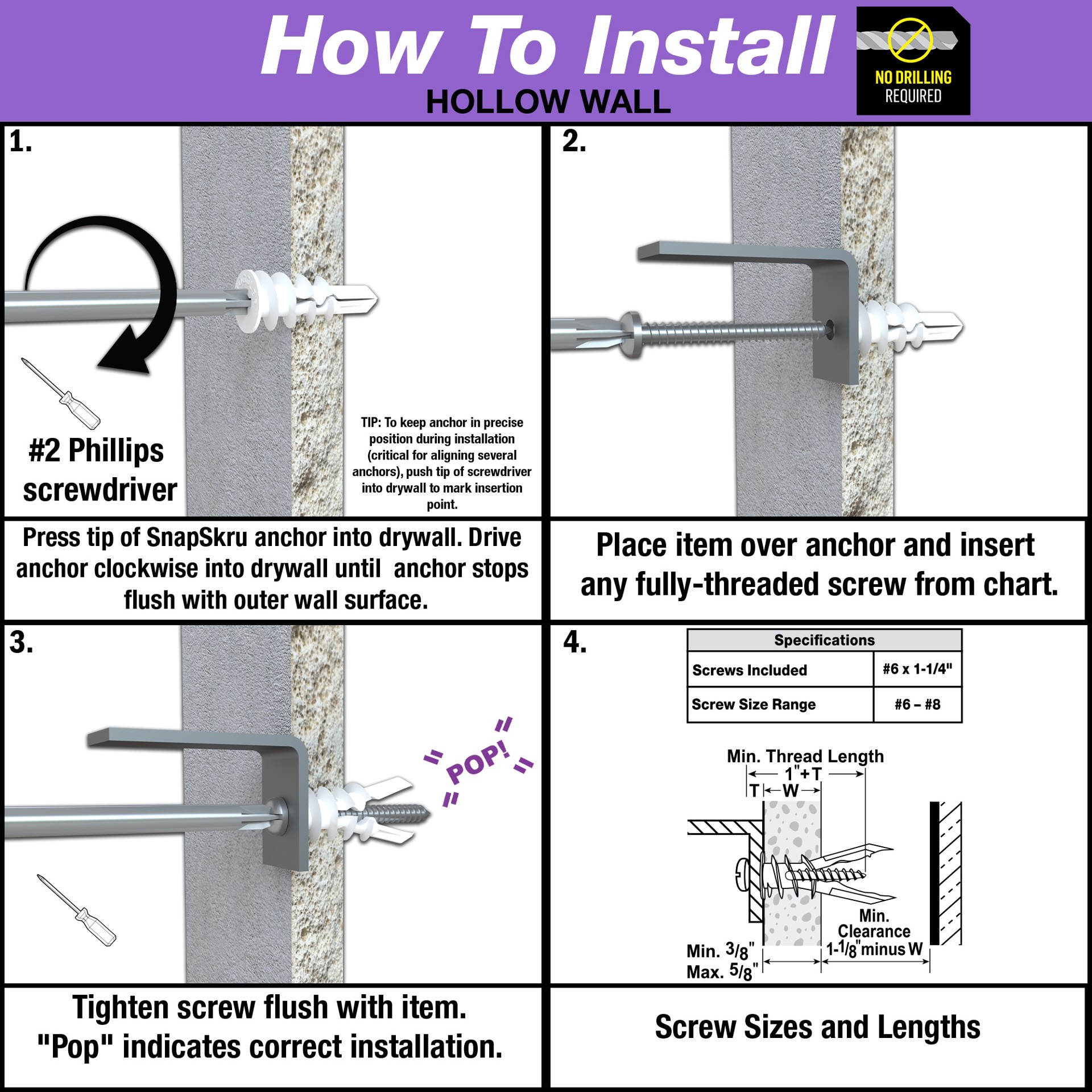 slide 4 of 6, TOGGLER SnapSkru 178.0-lb Assorted diameter x Assorted length Self-Drilling Anchors with Screws Included 50.0 -Pack, 1 ct