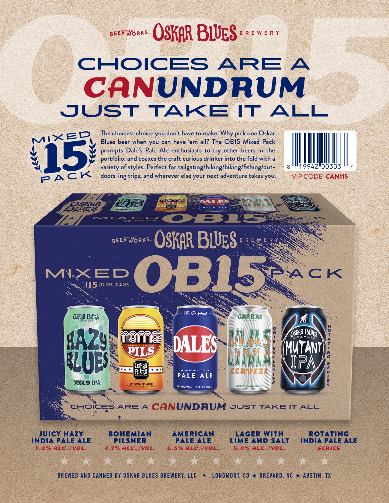 slide 2 of 7, Oskar Blues OB15 Mixed Pack 15 Pack 12 fl oz Can, 12 oz