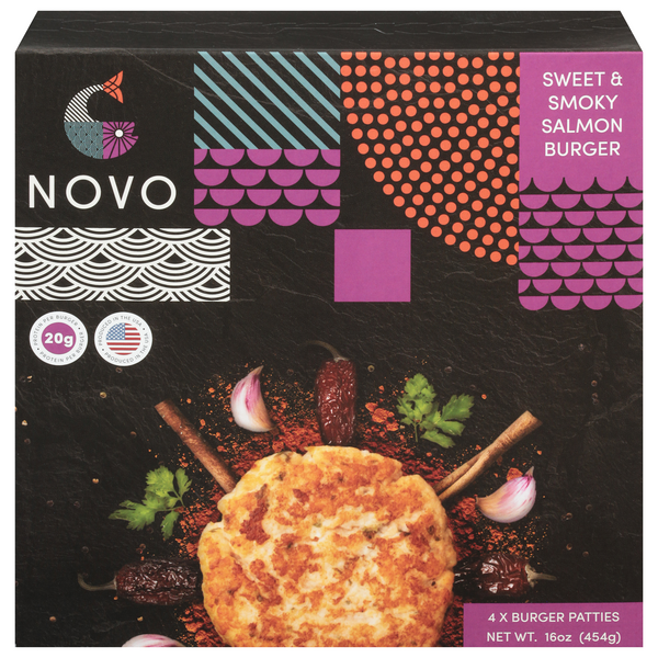 slide 1 of 1, Novo Farmed Sweet & Smoky Atlantic Salmon Burger Patties - 4 ct Frozen, 4 ct; 16 oz