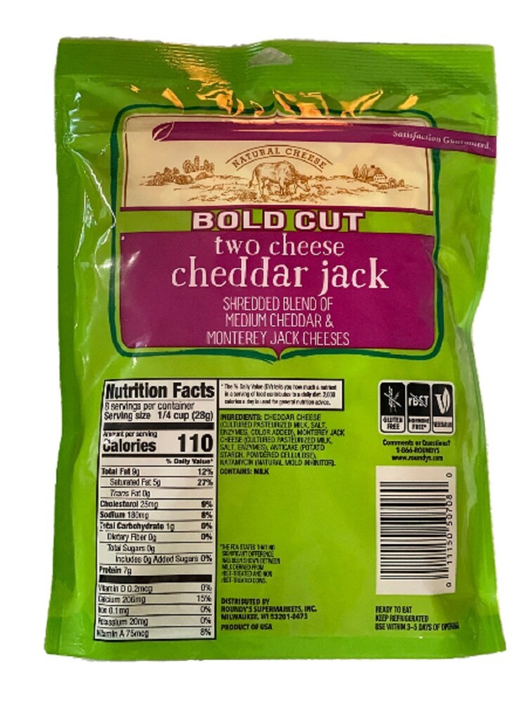 slide 2 of 2, Roundy's Roundys Bold Cut Two Cheese Cheddar Jack Shredded Cheese, 8 oz