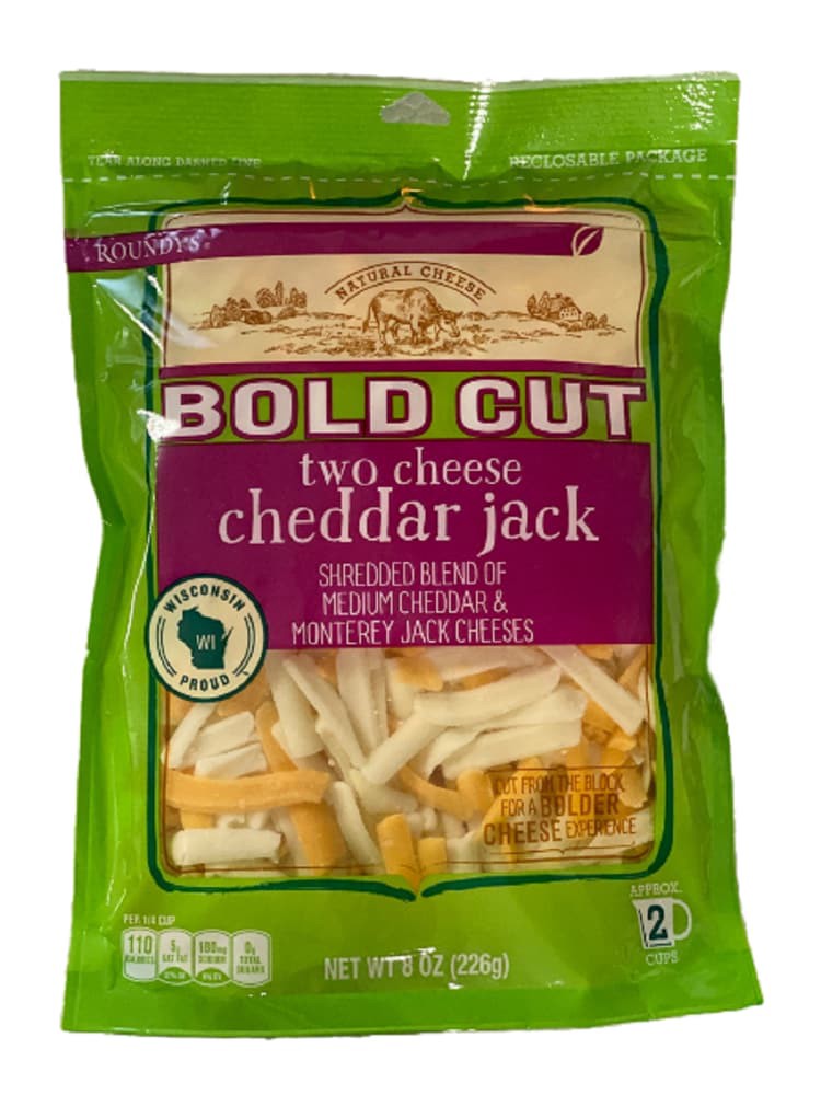 slide 1 of 2, Roundy's Roundys Bold Cut Two Cheese Cheddar Jack Shredded Cheese, 8 oz