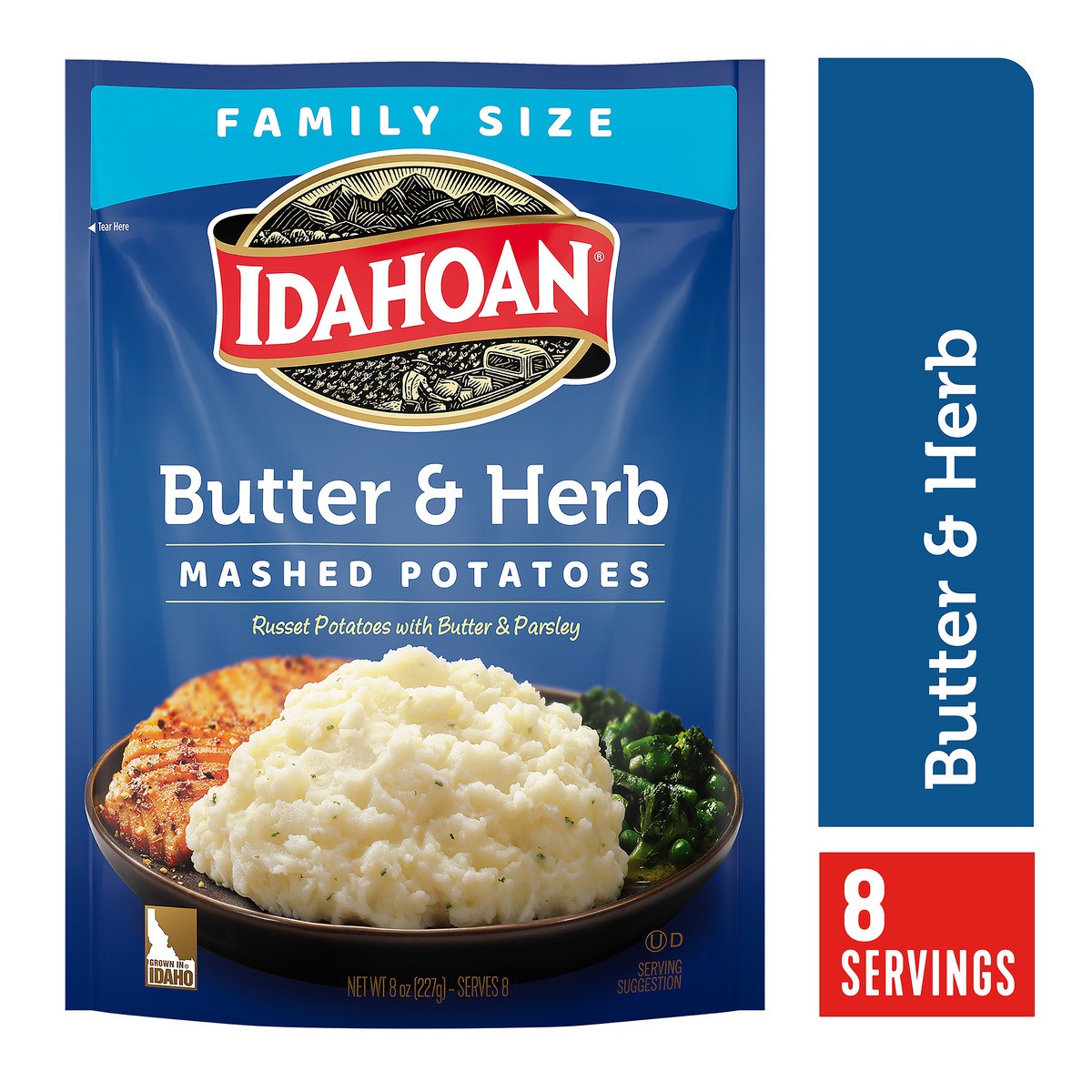 slide 1 of 9, Idahoan Butter & Herb Mashed Potatoes Family Size, 8 oz